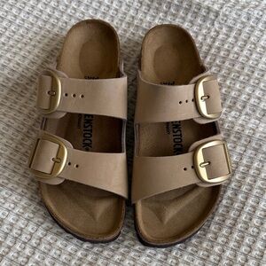 Birkenstock Beige Sandals with Brass Buckles
